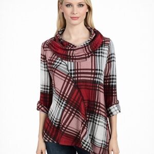 Ali Miles Red & White Plaid Tunic Top Cowl Neck Asymmetrical Hem Artsy Size M
